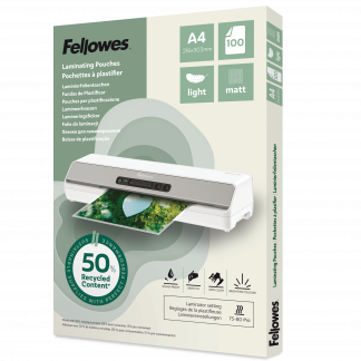 Fellowes Lamineringslommer 50% Genbrug A4 Light 100 Stk Mat Pakke med 100 matte lamineringslommer i størrelse A4 fra Fellowes. Lommerne er fremstillet af 50 % genanvendt materiale.