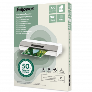 Fellowes Lamineringslommer 50% Genbrug A5 Light 100 Stk Mat Pakke med 100 matte lamineringslommer i størrelse A5 fra Fellowes. Lommerne er fremstillet af 50 % genanvendt materiale.