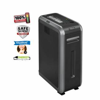 Fellowes Makulator 125CI Denne Fellowes makulator er en meget robust maskine med en lang køretid. Den strimler op til 20 ark ad gangen i 4x38 mm strips (cross cut). Sikkerhedsniveau P4.