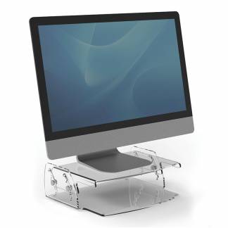 CLARITY Justerbart Sk&aelig;rmstativ Justerbar sk&aelig;rmforh&oslash;jer fra Fellowes i transparent akryl.