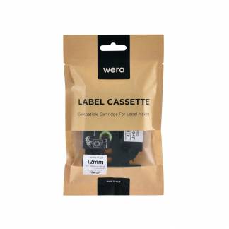Wera Labeltape AZe-231 Kompatibelt 12mm x 8m Sort p&aring; Hvid Lamineret labeltape 12 mm, sort tekst og hvid baggrund. Kompatibel med markedets f&oslash;rende labelmaskiner (passer til de fleste Brother-maskiner).