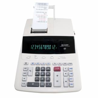 Sharp CS-2635RHGYSE Bordregnemaskine Bordregnemaskine med strimmel. Hurtig farvebåndsprinter 4,8 linjer/sekund. Direkte taster til valutaomregning og et ekstra stort display.