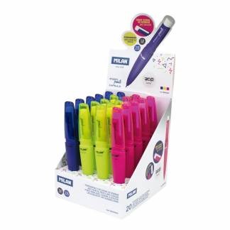 MILAN CAPSULE Stiftblyanter 1,3mm 2B 20stk Display MILAN Mekanisk blyant med 1,3 mm 2B bly og ekstra stort MILAN viskelæder i flotte neonfarver.