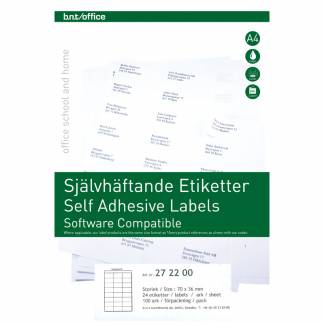 Kopi & Laseretiket 70x36mm 1 Grebkant 100 Pakk Hvide selvklæbende etiketter til brug indendørs..Udskriftskvaliteten er i top på både sort/hvid og farveprint.