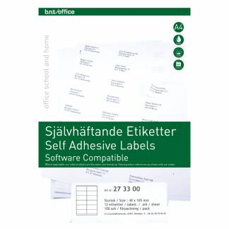 Kopi & Laseretiket 105x48mm 100 Pakk Hvide selvklæbende etiketter til brug indendørs..Udskriftskvaliteten er i top på både sort/hvid og farveprint.