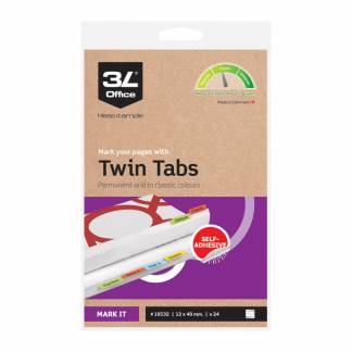 Twin Tabs Index Tabs 40x12 Assorterede Farver 24 stk Smarte plastfaner med selvklæbende bagside. Det gør dem ideelle til organisering og mærkning af kataloger, rapporter, bøger og meget mere.