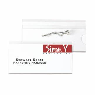 Navneskilt Nål 40x75mm 100stk Navneskilt med nål.100 stk 40x75 mm. Indsættelse af papir medfølger.