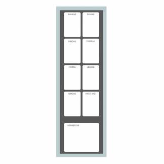 Ugeplan Whiteboard 60x20 cm Planlægningstavle med alle ugens dage og ekstra felt til kommentarer eller beskeder.Leveres med whiteboard tusch, magneter, magnetisk tavlevisker samt ophængningstilbehør.