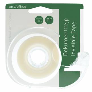 Dokumenttape 33m x 19mm Blister Dokumenttape af god kvalitet som er let at rive af. Mat skrivebar og skrivefast overflade. 33m x 19mm på blisterkort.