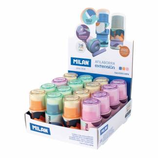 MILAN The Fun Dobbel Blyantspidser og Viskelæder Display 16 stk En vidunderlig farverig kombination af viskelæder og blyantspidser med en praktisk udtræksbeholder.