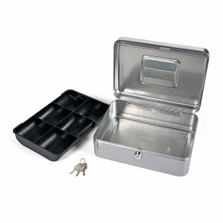 Pengekasse 6 Tomme Sølv Klassisk pengekasse 6 i formstøbt stål med håndtag og møntbakke i plast med 6 rum."