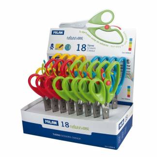 MILAN Børnesaks med Fjeder Assorteret 18 Display Saks med børnesikringsfjeder, som er enkel at klippe med og passer til brug i skolen. Leveres i assorteret display med 18 sakse.