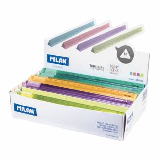 MILAN Linealer 15cm Trekantede 60stk Display 15 cm trekantede gennemsigtige plastlinealer fra MILAN New Look-serien. Farver: gul, orange, grøn og lilla.