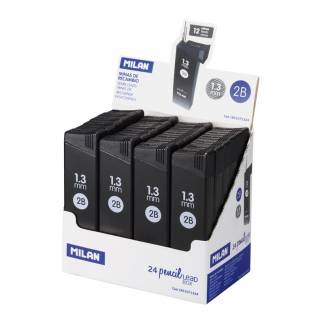 MILAN Blystifter 1,3mm Tube 24stk Display Display med 24 tuber 1,3 mm 2B ekstra blystifter til MILAN stiftblyant CAPSULE design.