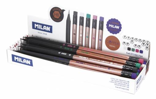MILAN Copper HB-Blyanter med Viskelæder 24 stk Display 24 HB-grafitblyanter med farvede viskelædere i Copper-serien.