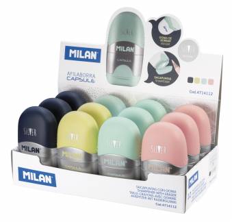 MILAN Silver Blyantspidser og Viskelæder 12 stk Display Kombineret blyantspidser og viskelæder fra Milans Silver-serie, leveres i et salgsdisplay med 12 stk. i fire forskellige farver.