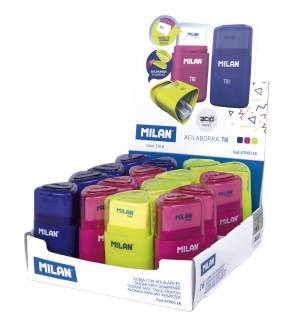 MILAN Syltspidser og Viskelæder Triangel 16 stk. Display Kombineret blyantspidser og viskelæder i trekantet form fra Milanos Acid-serie, leveres i en salgsdisplay med 16 stk. i tre farver.