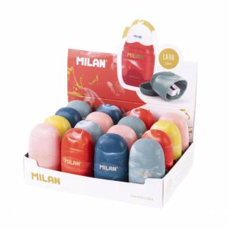MILAN Lava Capsule Blyantspidser og Viskelæder 16 stk. display Kombineret blyantspidser og viskelæder fra Milanos Lava-serie. Leveres i en salgsdisplay med 16 stk. i fem farver.