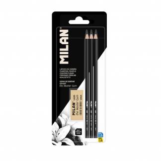 MILAN 3 Sorte Kulblyanter og Viskel&aelig;der i Blisterpakning MILAN Art-s&aelig;t med sorte tr&aelig;kulblyanter og viskel&aelig;der, ideelt til tegning og skitsering. Der medf&oslash;lger desuden et Master Gum-viskel&aelig;der, s&aelig;rligt velegnet til kunstnerisk brug.