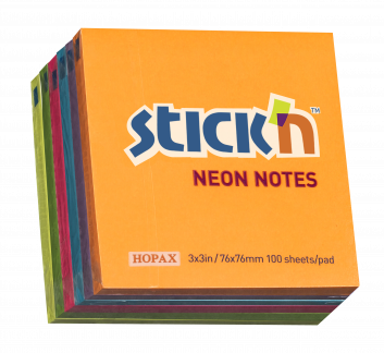 Notesblok 76x76mm 100 Blad 6 Pakke Assorteret Neon Stick'n Notepads 76x76mm med 100 ark pr. blok i en praktisk 6-pak med assorterede farver er en populær og stilfuld løsning til notetagning, der er perfekt til skolen, kontoret eller hjemmet.