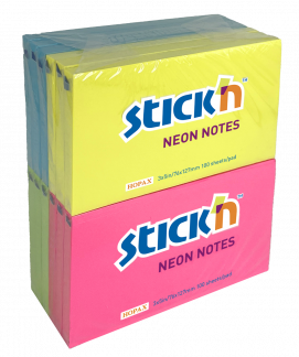 Notesblok 76x127mm 100 Blad 12 Pakke Assorteret Neon Stick'n Notepads 76x127 mm med 100 ark pr. blok i en praktisk 12-pak med assorterede farver er en populær og stilfuld løsning til notetagning, der er perfekt til skolen, kontoret eller hjemmet.