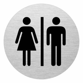 Dørskilt Dame & Herre Dørskilt i aluminium med dame og herre illustration. 75mm i diameter og selvklæb på bagsiden.