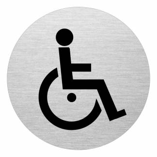 Dørskilt WC Handikappet Dørskilt i aluminium med handikappet piktogram. 75mm i diameter og selvklæb på bagsiden..