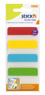 Indeksfaner 38x51mm 24 Faner Assorterede Farver Stick'n Indexfaner er velegnede til markering, fremhævning og understregning. Filmen er halvgennemsigtig og let at skrive på.