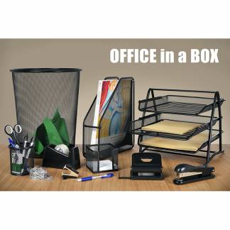 OFFICE in a BOX EU 4 af topsælgere i vores MESH produkter sammen med en punch (europæisk punch), hæftemaskine og andre nyttige produkter til kontoret.