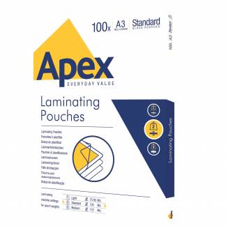 Lamineringslommer Apex A3 100 x 100 Micron Blank Pakke med 100 standardlamineringsposer 303x426 mm til A3-dokumenter, 100 mikron tykkelse.
