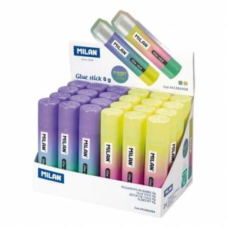 MILAN Limstift 8 gram 24stk Sunset Display Lille multifunktionel limstift, 8 g Sunset serien. Indeholder ingen opløsningsmidler og er ideel til yngre børn. Leveres i sælgende display med 24 limstifte.