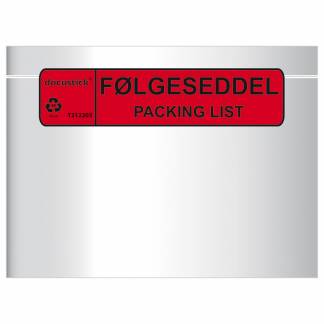 F&oslash;lgeseddellomme C5 Med Tryk 1000st DK/EN F&oslash;lgeseddellomme Standard C5 med tryk p&aring; dansk og engelsk (PE). Milj&oslash;m&aelig;rkning. M&aring;l 225x165mm.