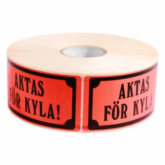 Advarselsetiketter Aktas För Kyla Fluorescerende selvklæbende etiket med sort print: Aktas För Kyla.Format 100x50mm, 1000 etiketter pr. rulle.