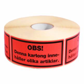 Advarselsetiketter Aktas Denna Kartong Innehåller Olika Artiklar Fluorescerende selvklæbende etiket med sort print: Denna kartong innehåller olika artiklar. Format 100x50mm, 1000 etiketter per rulle.