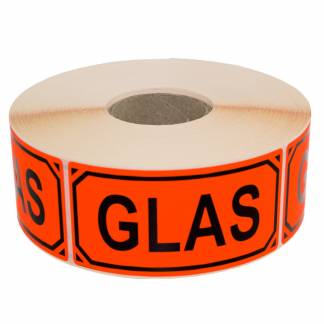 Advarselsetiketter Glas Fluorescerende selvklæbende etiket med sort trykt symbol. Format 100x50mm, 1000 etiketter pr. rulle.
