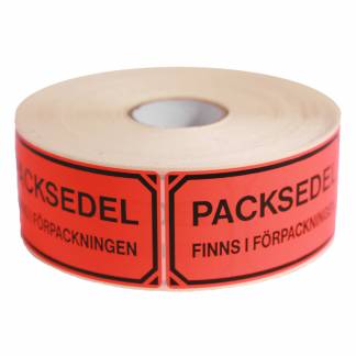 Advarselsetiketter Packsedel Finns i Förpackningen Fluorescerende selvklæbende etiket med sort text: Packsedel Finns i Förpackningen. Format 100x50mm, 1000 etiketter pr. rulle.