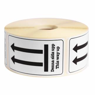 Advarselsetiketter Denna Sida Upp / This Way Up Hvid selvklæbende etiket med sort symbol og tekst: Denna sida upp / This way up. Format 120x70mm, 1000 etiketter pr. rulle.