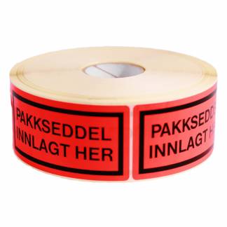 Advarselsetiketter Pakkseddel Innlagt Her Fluorescerende selvklæbende etiket med sort print: Pakkseddel Innlagt Her Format 100x50mm, 1000 etiketter pr.
