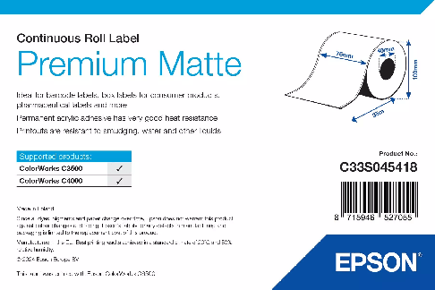 Premium Matte Label - Continuous Roll: 76mm x 35m
