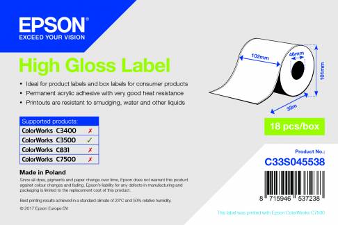 High Gloss Label, Continuous Roll: 102mm x 33m