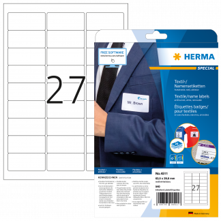 Herma navne/tekstil etiket aftagelig 63,5x29,6 hvid (540)