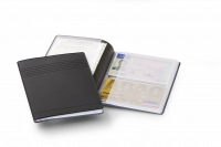 Omslag til id- og kreditkort Med svejsede gennemsigtige lommer til 4 kredit-, check- eller medlemskort (54x85 mm) og 4 identitetspapirer (80x115 mm).