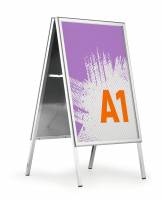 Gadeskilt fold outdoor a1 Sammenklappeligt, dobbeltsidet gadeskilt til A1-format. Vejrbestandigt takket v&aelig;re UV-stabil frontplast og gummit&aelig;tning, som beskytter mod vand.