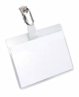 Navneskilt m stropklemme 60x90 mm Navneskilt af robust plast med &aring;ben top og stropklemme. Tv&aelig;rformat.