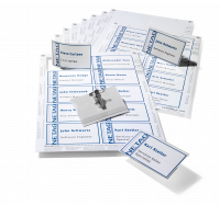 Navneskilte sæt 54x90 mm med nål/klemme DURABLE Navneskilte sæt indeholder alt, hvad du skal bruge til at lave professionelt printede navneskilte. Dette sæt indeholder 20 navneskilte med kombiklips og printbare indstik. Brug DURAPRINT® Online til at produ