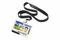 Id-kortholder pushbox mono med halssnor Holder med plads til 1 stk sikkerhedskort med separat rum og kortskyder. Leveres med sort halssnor.  10 stk.