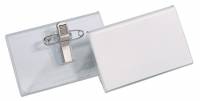 Navneskilt  m nål/klemme  40x75 mm Navneskilt af akryl plast med nål og klemme og mulighed at  fastgøre i brystlomme.