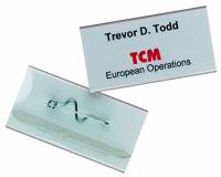 Navneskilt m nål 30x60 mm lille pakke Navneskilt af robust plast med sikkerhedsnål. 10 stk.