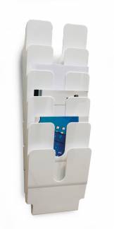 Brochureholder flexiplus 6 a4 h&oslash;j Komplet FLEXIPLUS 6 A4 brochureholder s&aelig;t med 6 bakker i h&oslash;j format til v&aelig;gmontering.