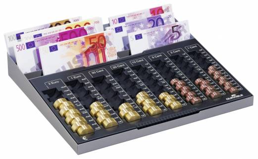 M&oslash;ntsorteringsbakke euroboard&reg; xl Metalbakke med 8 rum til pengesedler og en m&oslash;ntsorteringsbakke med 8 stabelbare rum til alle cent- og eurom&oslash;nter. Komplet med seddelrum til midlertidig opbevaring. M&oslash;ntkapacitet: 233,90 &euro;.